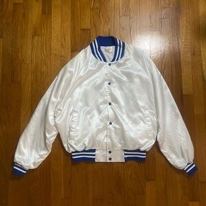White Satin Bomber Jacket with Blue Striped Trim